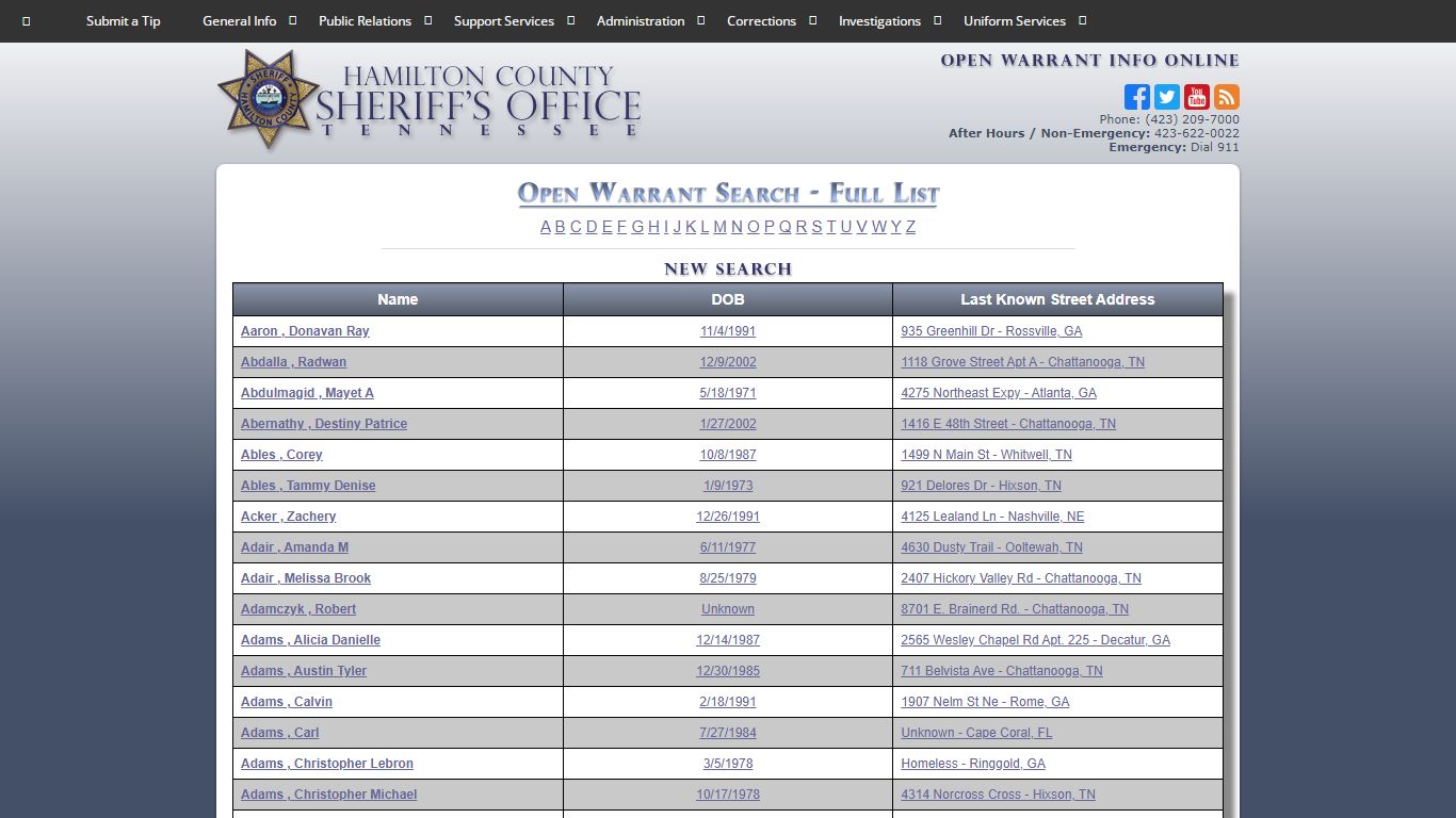 HCSO-Criminal Investigative Division-Open Warrant Info FUll List